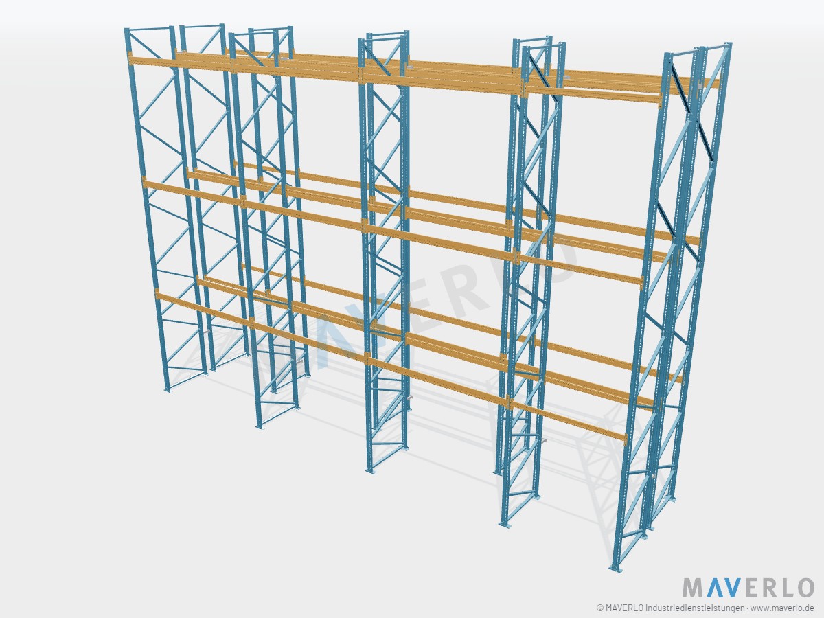 Komplettregal Palettenregal NEDCON NR1 Doppelregal, Höhe 7.500 mm, 3 Felder à 2.700 mm + 1 Feld à 1.825 mm, 88 Palettenplätze