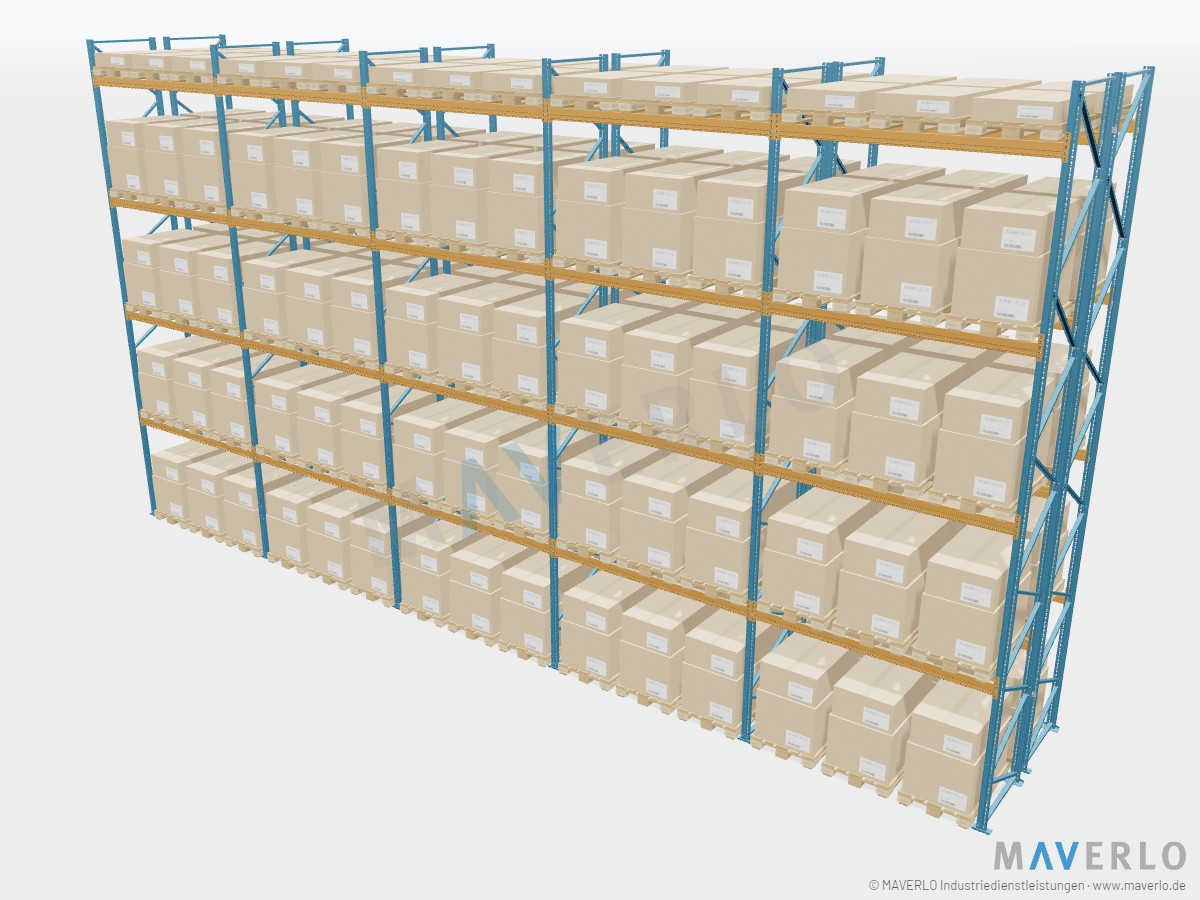 Komplettregal Palettenregal NEDCON NR1 Doppelregal, Höhe 7.500 mm, 5 Felder à 2.700 mm, 150 Palettenplätze, mit Europaletten beladen