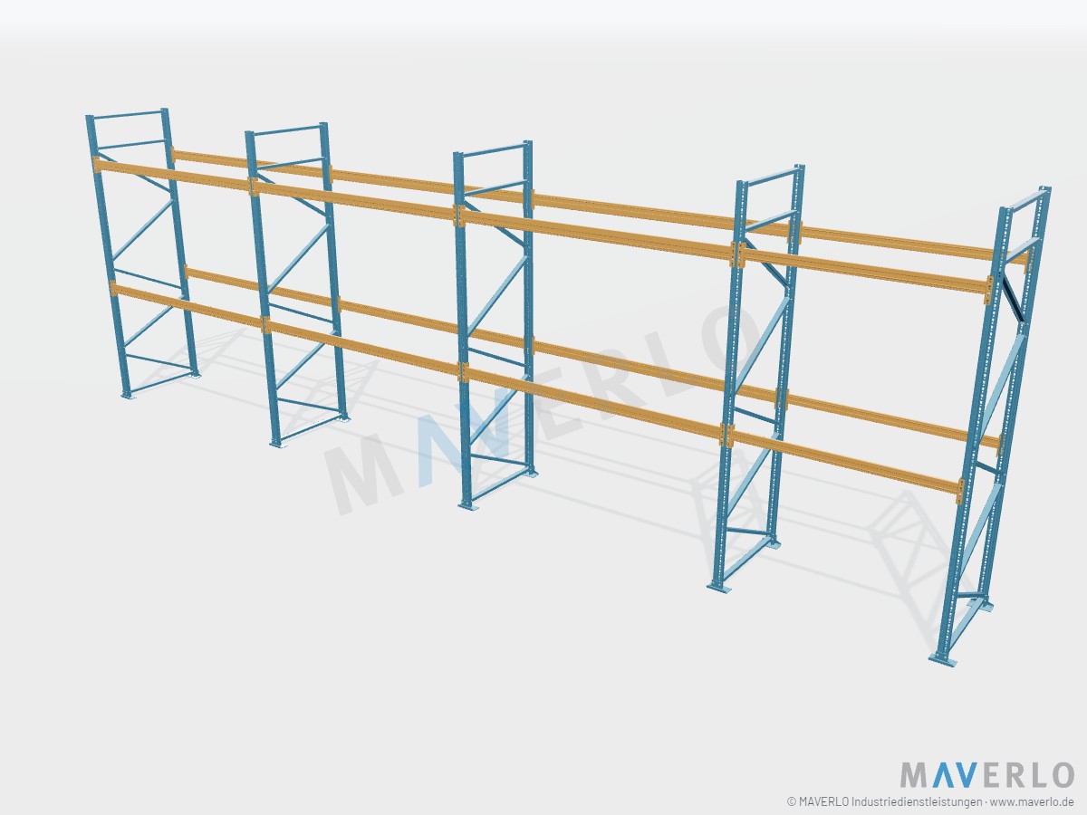 Komplettregal Palettenregal NEDCON NR1 Einfachregal, Höhe 3.500 mm, 3 Felder à 2.700 mm + 1 Feld à 1.825 mm, 33 Palettenplätze