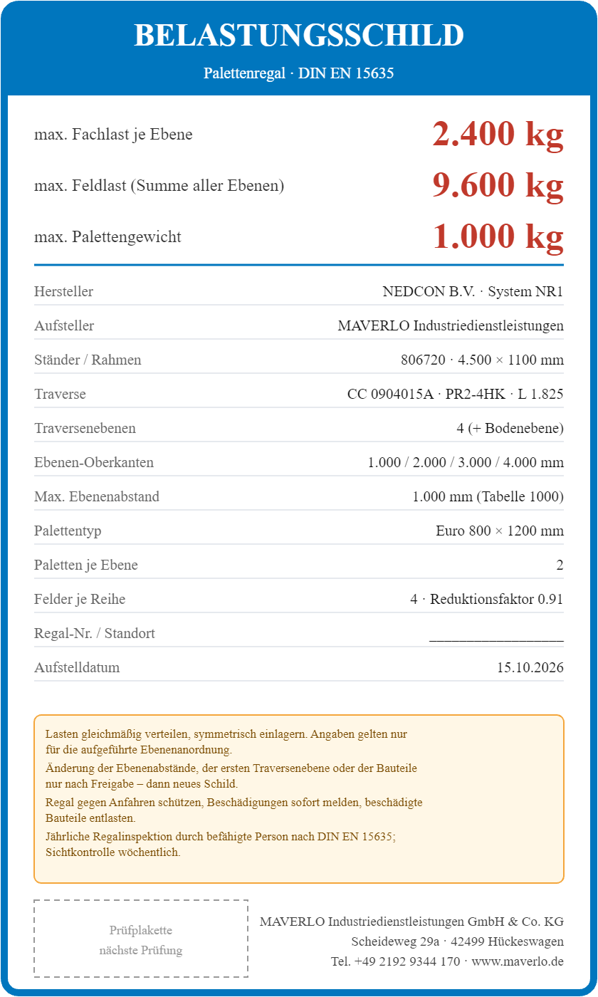 Belastungsschild Komplettregal Palettenregal NEDCON NR1 Einfachregal, Höhe 4.500 mm, 3 Felder à 2.700 mm + 1 Feld à 1.825 mm, 55 Palettenplätze, Fachlast 3.050/2.000 kg (Feldtyp 2)