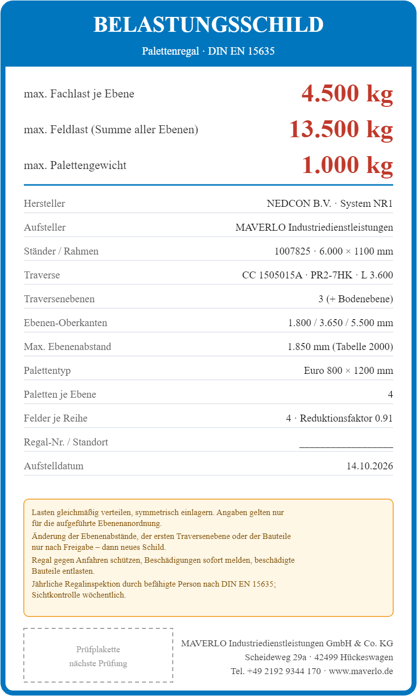 Belastungsschild Komplettregal Palettenregal NEDCON NR1 Einfachregal, Höhe 6.000 mm, 1 Feld à 3.600 mm + 3 Felder à 2.700 mm, 52 Palettenplätze, Fachlast 4.750/3.000 kg