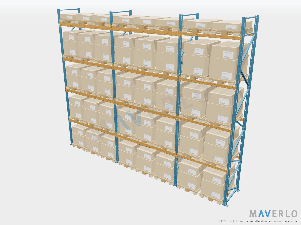 Komplettregal Palettenregal NEDCON NR1 Einfachregal, Höhe 6.000 mm, 2 Felder à 2.700 mm + 1 Feld à 1.825 mm, 40 Palettenplätze, mit Europaletten beladen