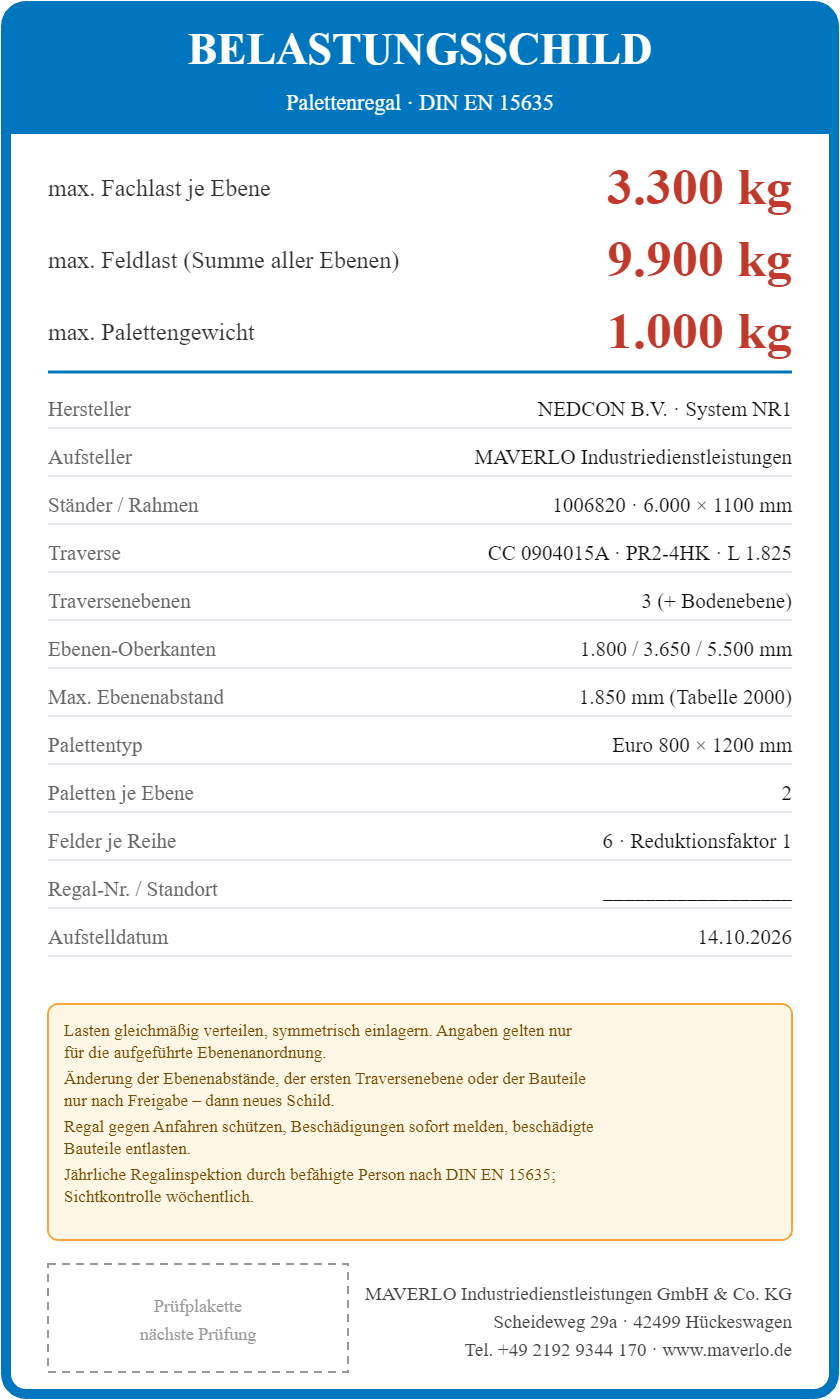 Belastungsschild Komplettregal Palettenregal NEDCON NR1 Einfachregal, Höhe 6.000 mm, 4 Felder à 3.600 mm + 1 Feld à 2.700 mm + 1 Feld à 1.825 mm, 84 Palettenplätze, Fachlast 4.750/3.000/2.050 kg (Feldtyp 3)