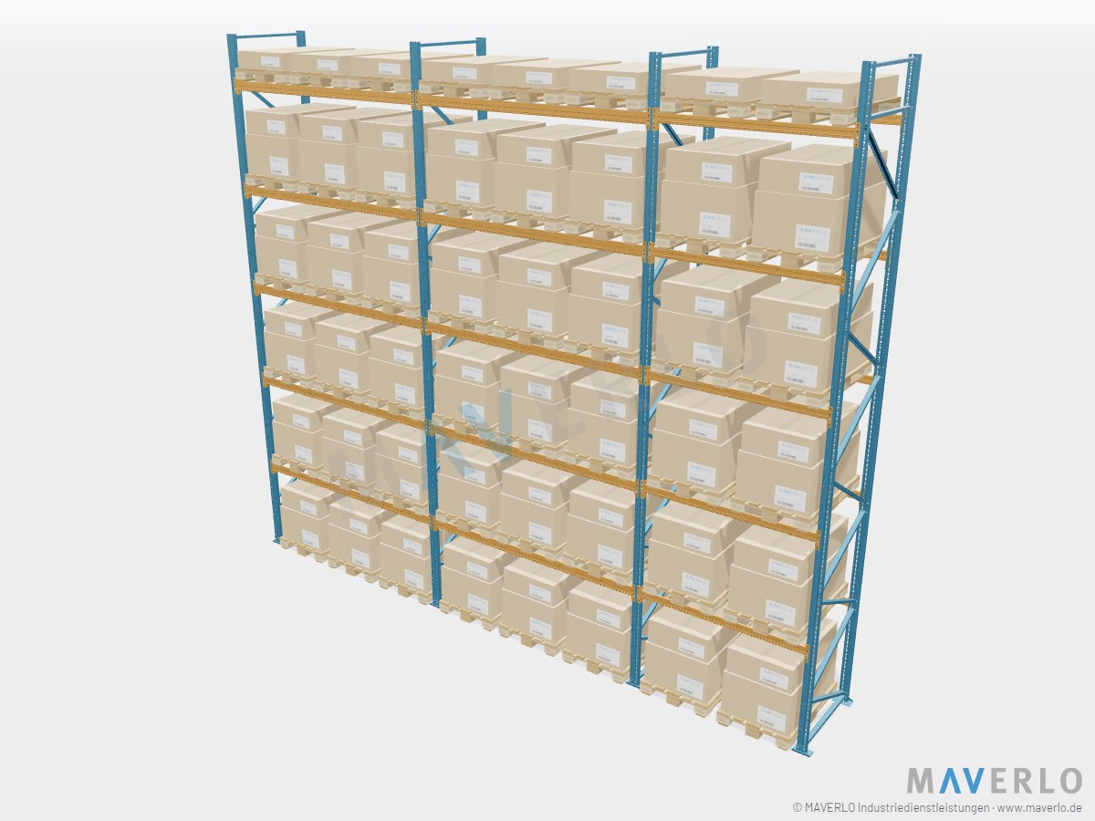 Komplettregal Palettenregal NEDCON NR1 Einfachregal, Höhe 6.500 mm, 2 Felder à 2.700 mm + 1 Feld à 1.825 mm, 48 Palettenplätze, mit Europaletten beladen