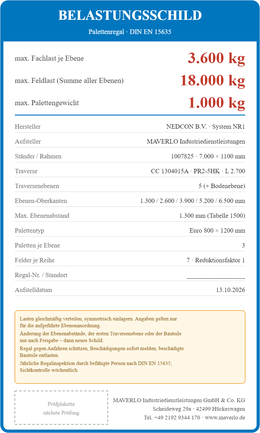 Belastungsschild Komplettregal Palettenregal NEDCON NR1 Einfachregal, Höhe 7.000 mm, 6 Felder à 2.700 mm + 1 Feld à 1.825 mm, 120 Palettenplätze, Fachlast 3.600/2.400 kg