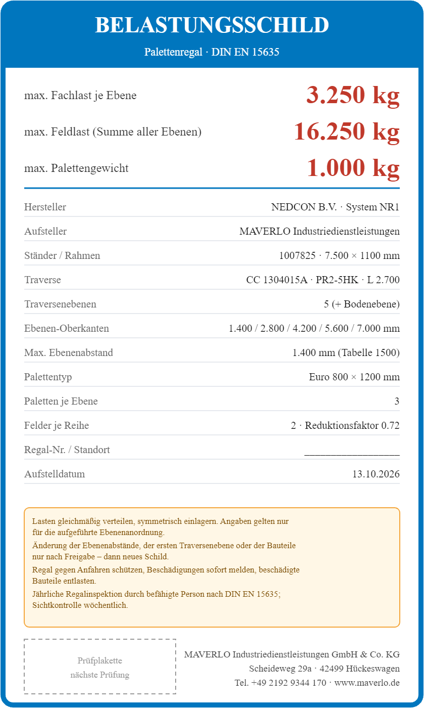 Belastungsschild Komplettregal Palettenregal NEDCON NR1 Einfachregal, Höhe 7.500 mm, 2 Felder à 2.700 mm, 36 Palettenplätze, Fachlast 3.250 kg