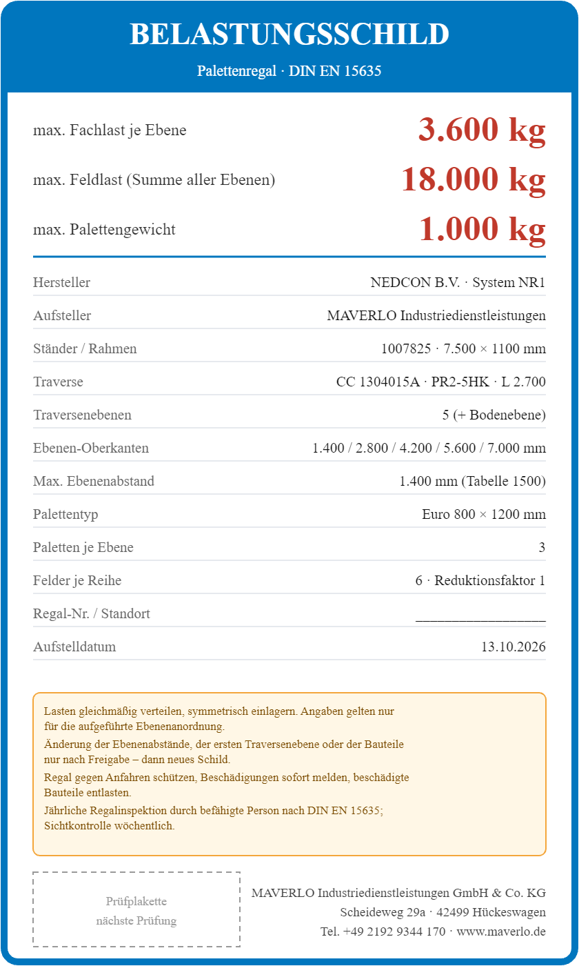 Belastungsschild Komplettregal Palettenregal NEDCON NR1 Einfachregal, Höhe 7.500 mm, 5 Felder à 2.700 mm + 1 Feld à 1.825 mm, 102 Palettenplätze, Fachlast 3.600/2.400 kg