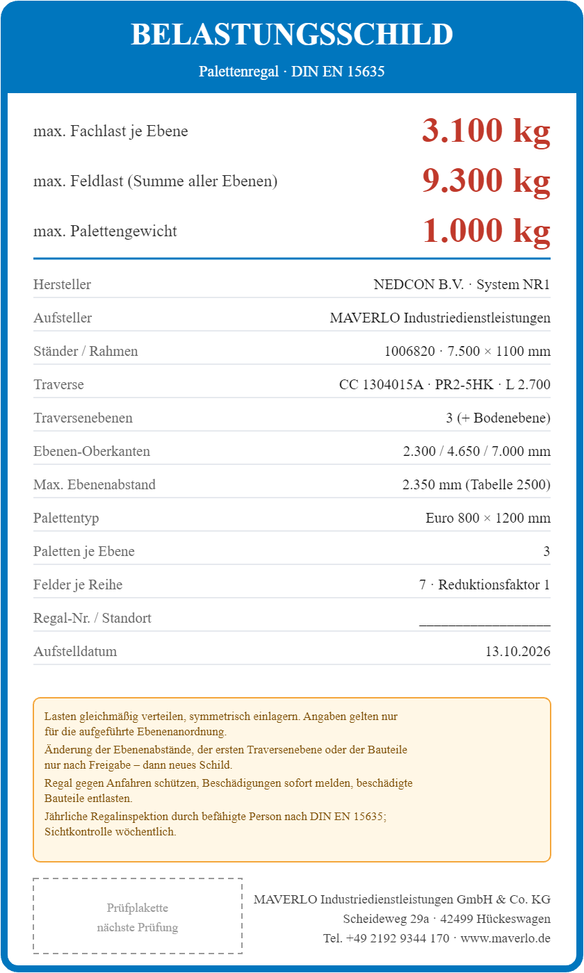 Belastungsschild Komplettregal Palettenregal NEDCON NR1 Einfachregal, Höhe 7.500 mm, 6 Felder à 2.700 mm + 1 Feld à 1.825 mm, 80 Palettenplätze, Fachlast 3.100/2.600 kg