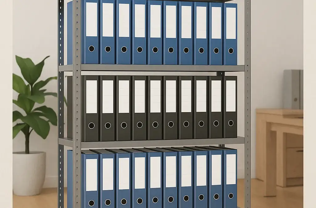 Modernes Ordnerregal von MAVERLO mit fünf Ebenen, bestückt mit blauen und schwarzen DIN-A4-Ordnern, aufgestellt in einem hellen Büro mit Holzfußboden, grünem Pflanzendekor und MAVERLO-Logo – ideal für Archivierung und Ordnung im Büro.