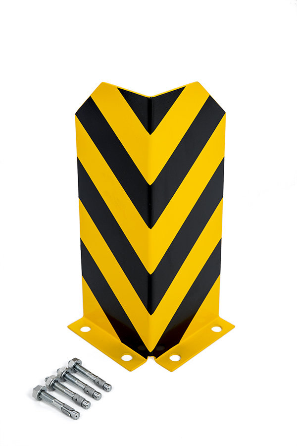 Regal-Anfahrschutz L-Form, 300 mm, 3 mm Materialstärke, Stahl gelb/schwarz pulverbeschichtet
