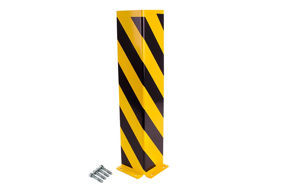 Regal-Anfahrschutz L-Form, 800 mm, 165 mm Schenkellänge, 6 mm Materialstärke, Stahl gelb/schwarz pulverbeschichtet