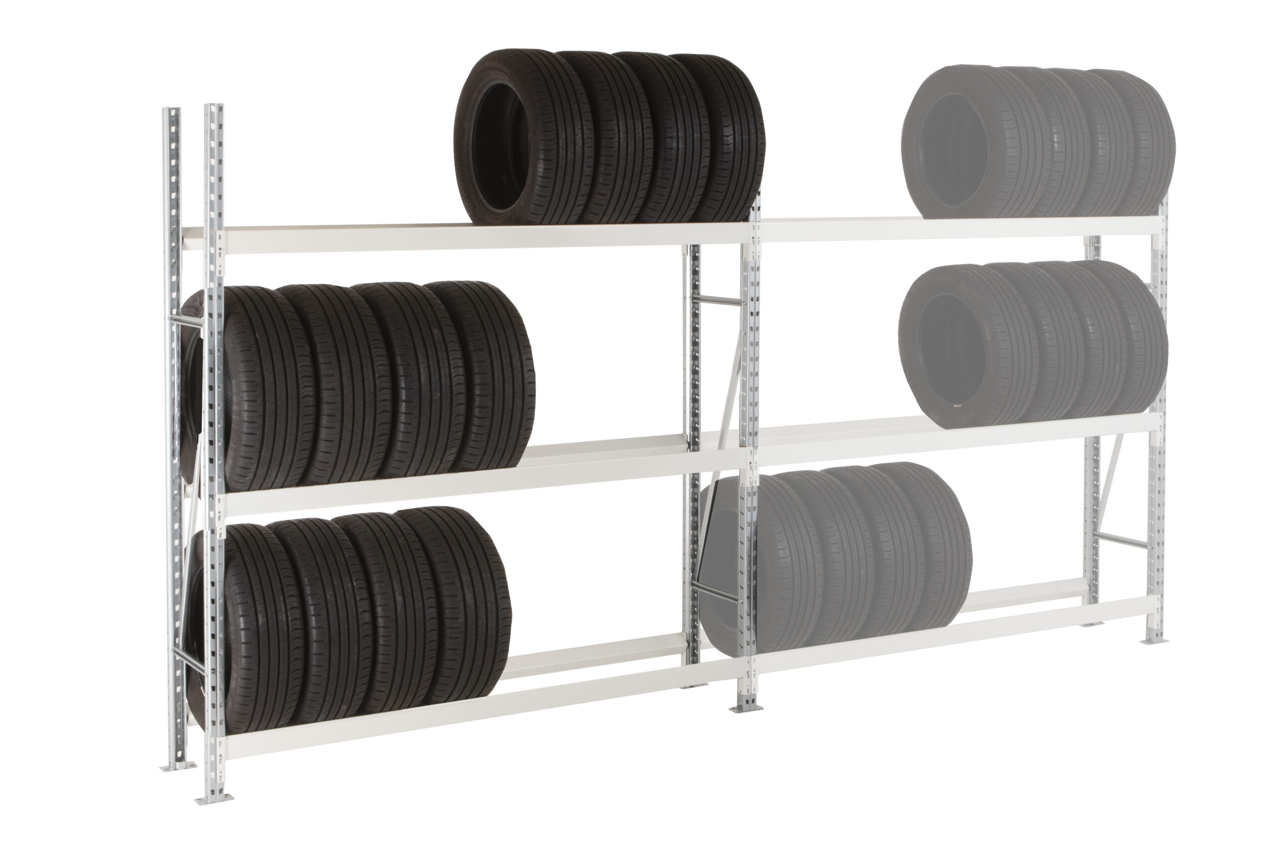 Professionelles Reifenregal Grundfeld für Werkstätten zur sicheren Lagerung von PKW-Radsätzen.