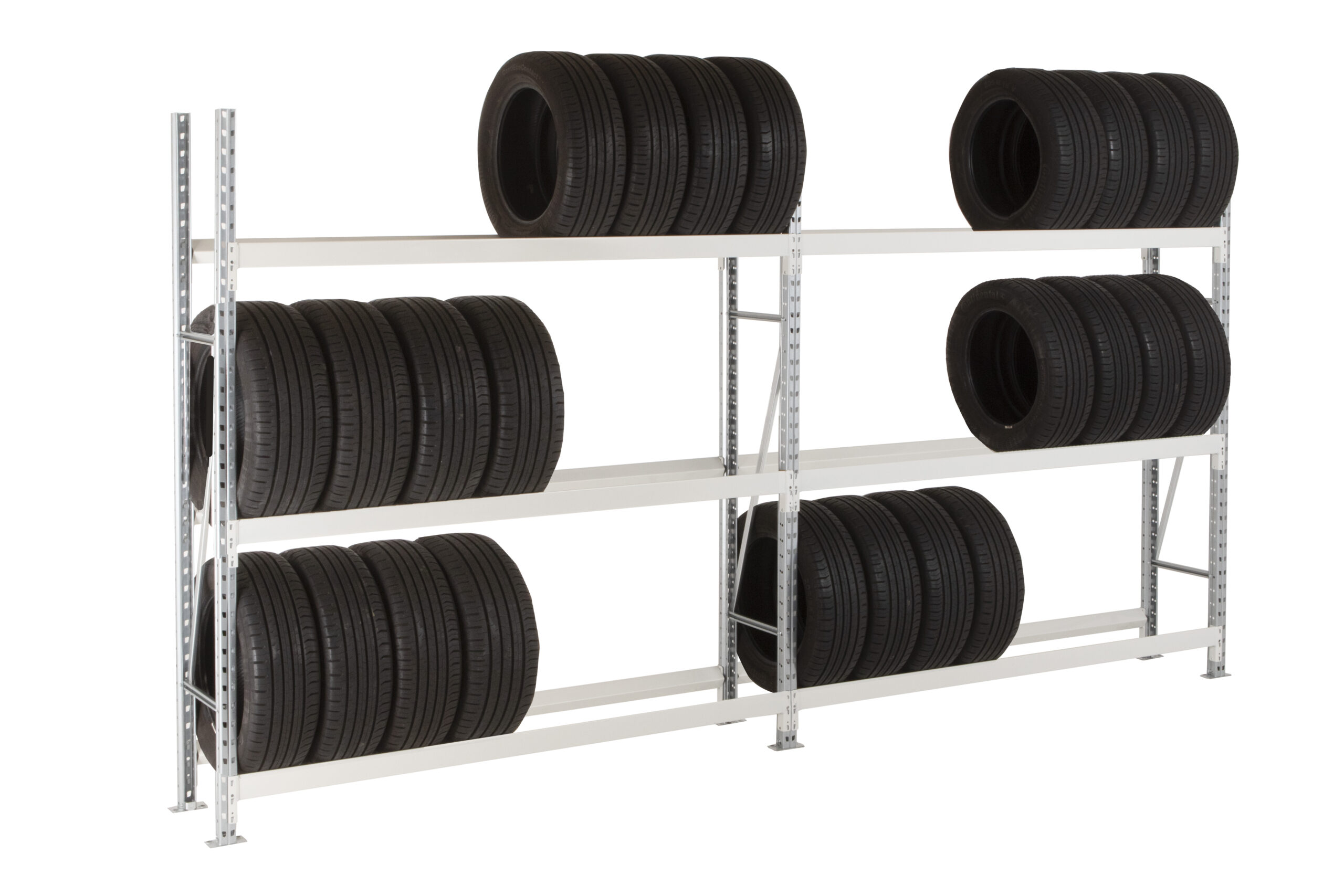 Großes Reifenlager-System aus Grund- und Anbauregalen mit maximaler Traglast und Kapazität.
