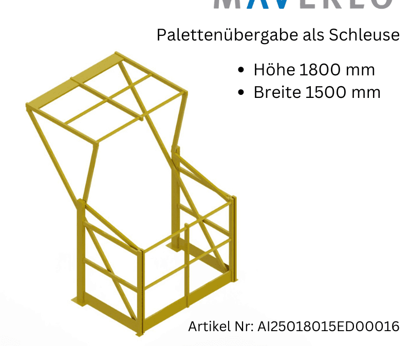 Sicherheitsschleuse als Palettenübergabestation auf einer Lagerbühne, die eine sichere Übergabe von Paletten zwischen verschiedenen Lagerebenen ermöglicht und dabei die Sicherheit der Lagerarbeiter erhöht sowie die Effizienz des Materialtransports steigert