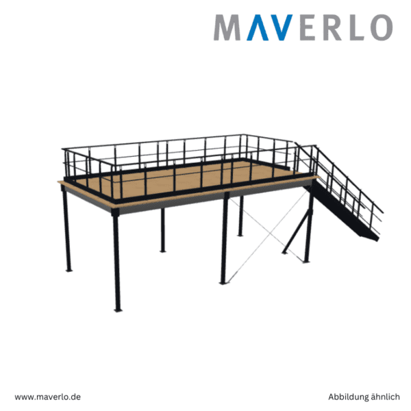 Stabile Lagerbühne 8000 x 4000 mm mit hoher Traglast, inklusive Treppe und Geländer, ideal für große Lagerräume und Logistikzentren, robust und zuverlässig, perfekte Lösung für industrielle Lageranforderungen