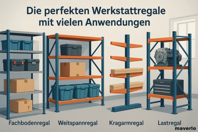 Illustration von Werkstattregalen mit Fachboden-, Weitspann-, Kragarm- und Lastregalen für professionelle Anwendungen