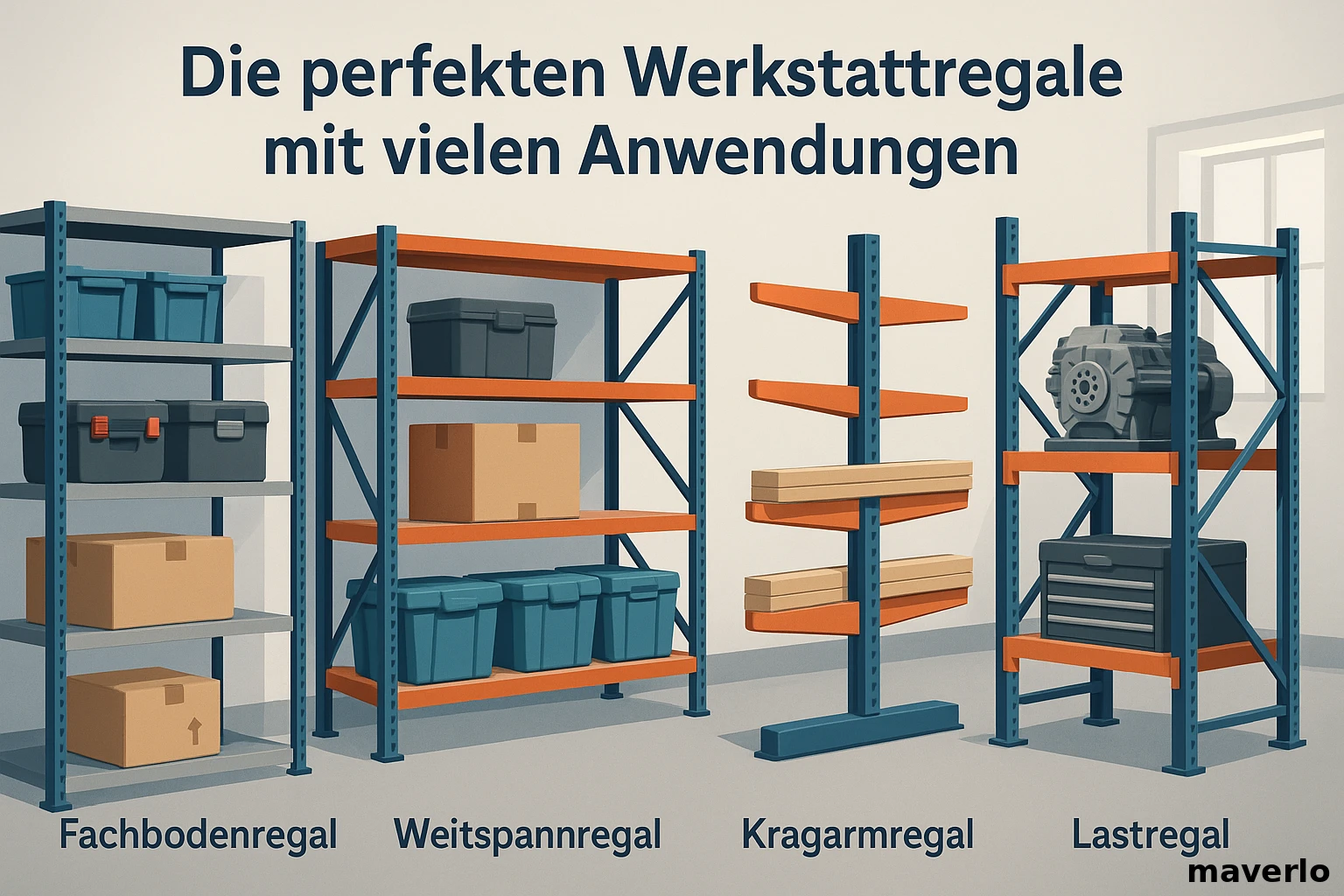 Illustration von Werkstattregalen mit Fachboden-, Weitspann-, Kragarm- und Lastregalen für professionelle Anwendungen